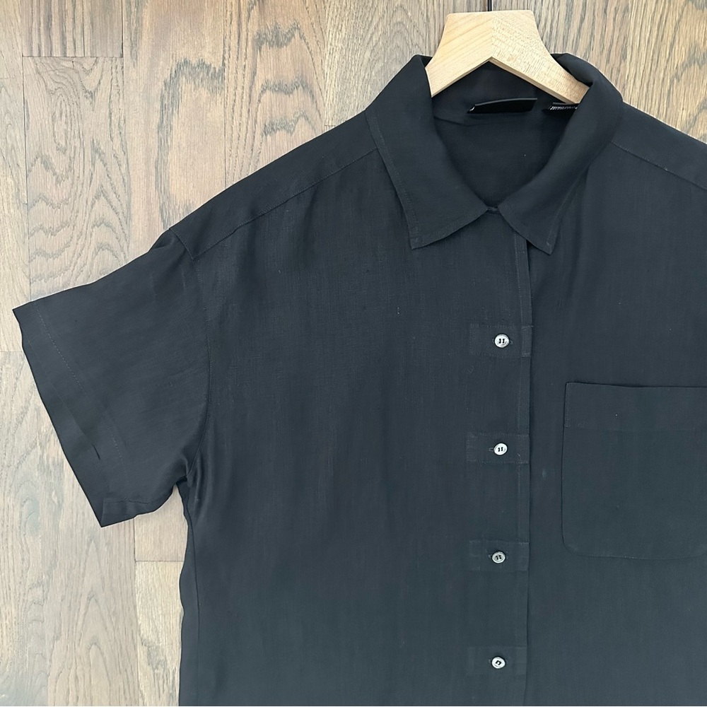 Vintage DKNY 100% Linen Short Sleeve Button Front Collared Blouse Black Size 4 S - Picture 6 of 7